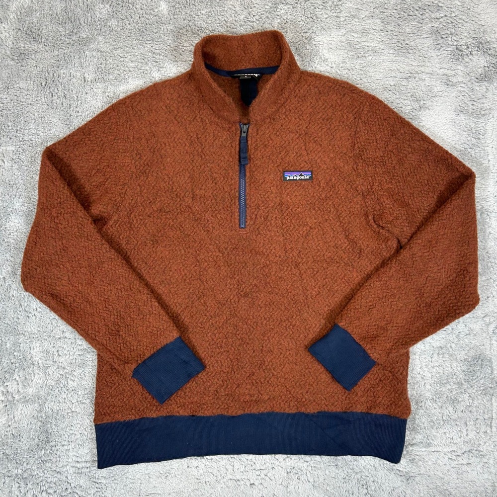Patagonia Worn Wear Mens Medium Rust Brown Navy Recycled Wool 1/4 Zip Pullover